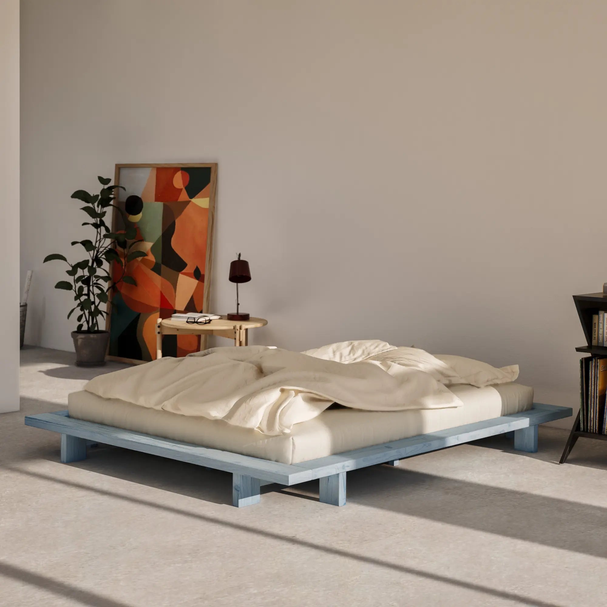 Beautiful and comfortable Japan Bed in calming blue color, perfect for a peaceful night's sleep