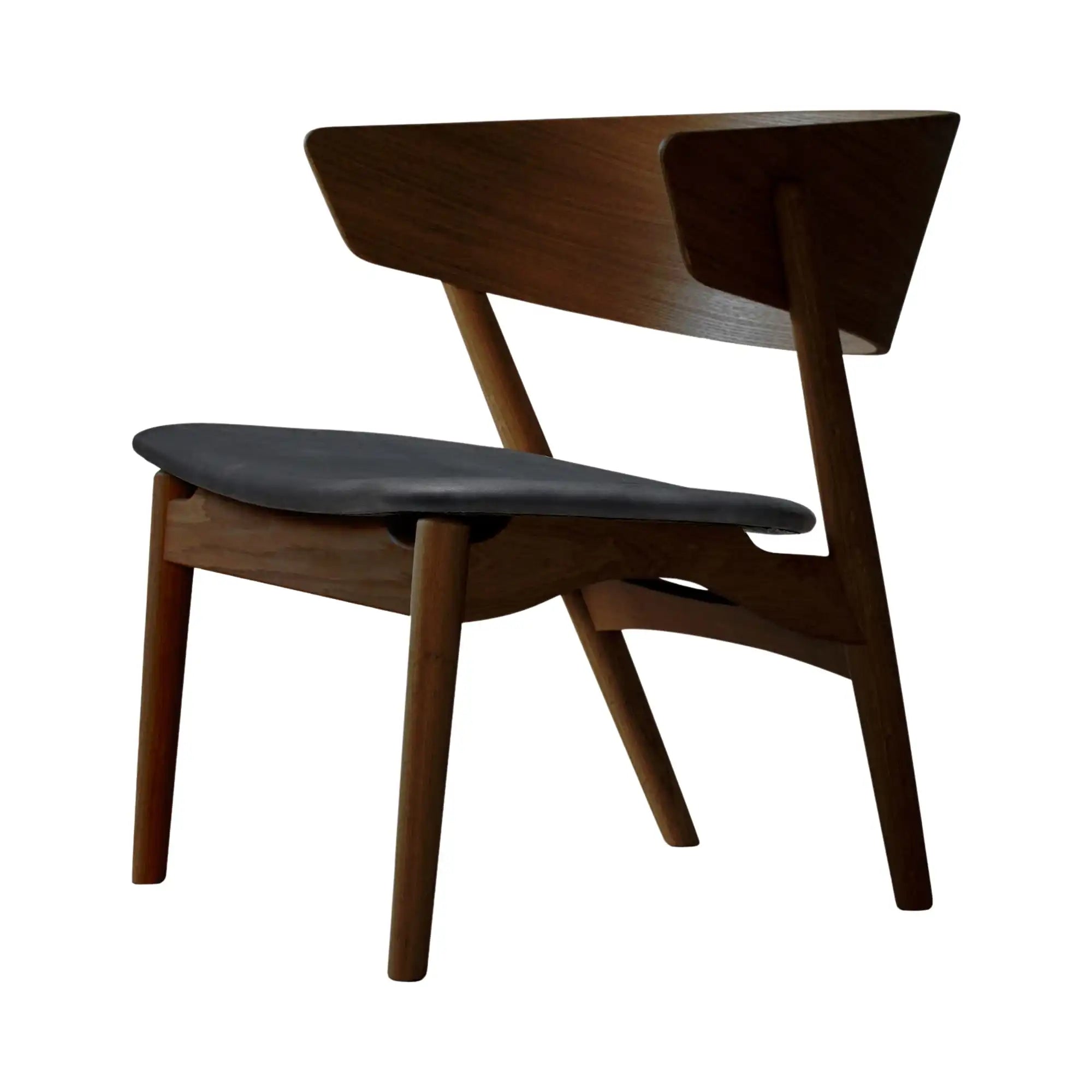 No 7 Lounge Chair in plush lavender upholstery with wooden legs and armrests