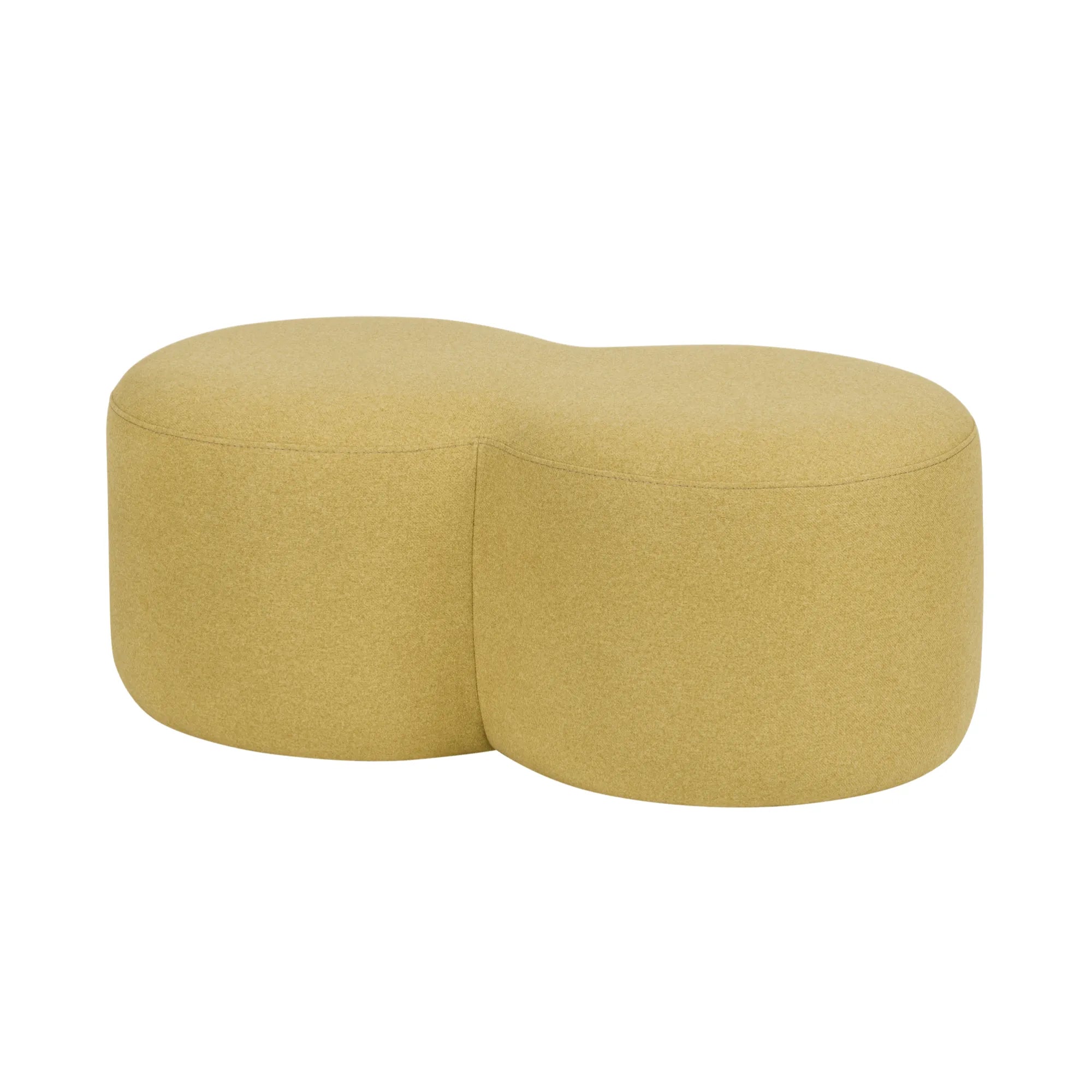 Umbo Pouf in modern living room with grey fabric and wooden legs