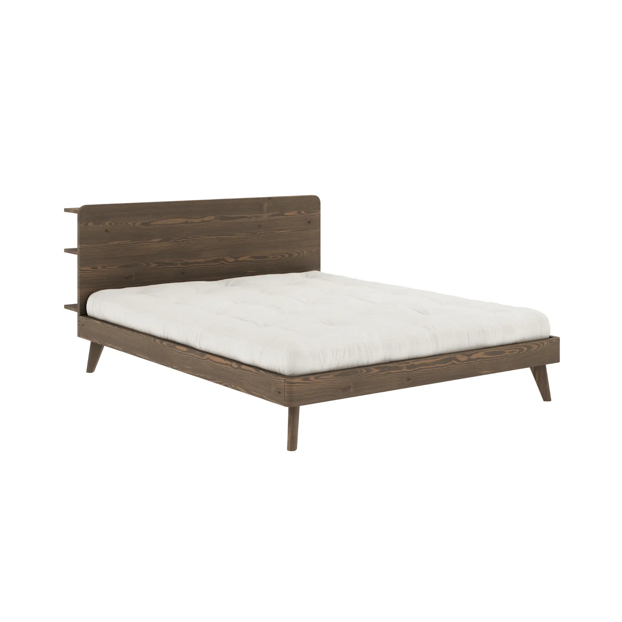 ###
A luxurious king-size wooden bed with a plush upholstered headboard