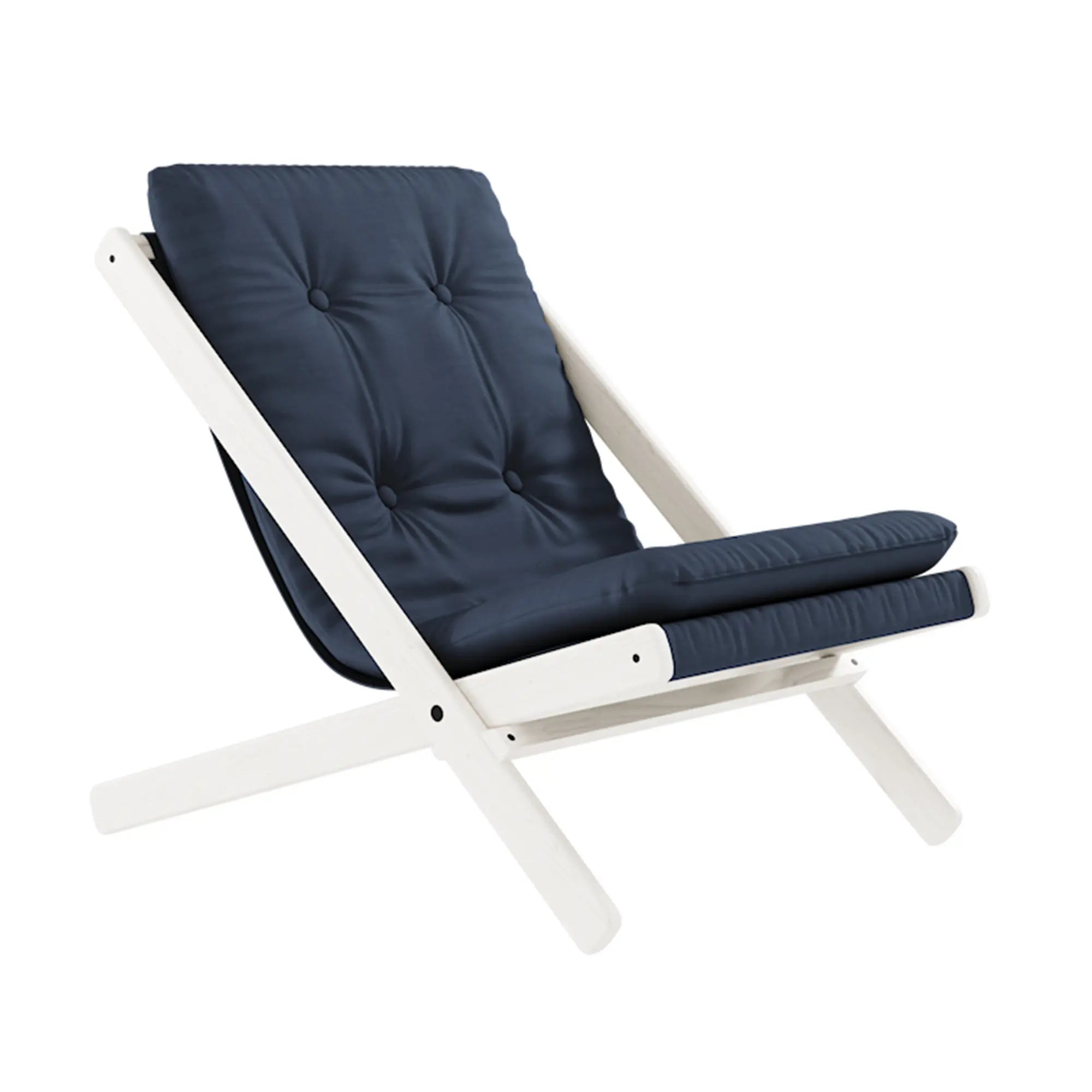 Modern boogie futon chair in blue velvet with sleek metal legs and comfortable cushioning for stylish and cozy seating