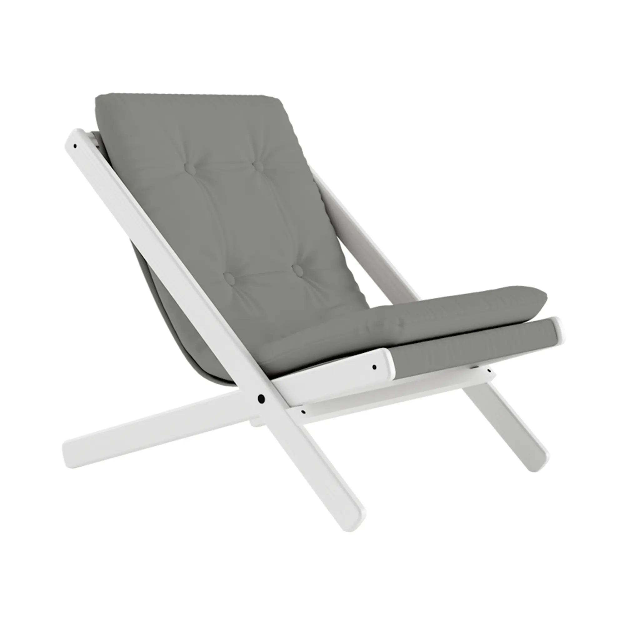 Modern and comfortable Boogie Futon Chair, upholstered in soft grey fabric with sleek metal legs, perfect for any contemporary living room or office space