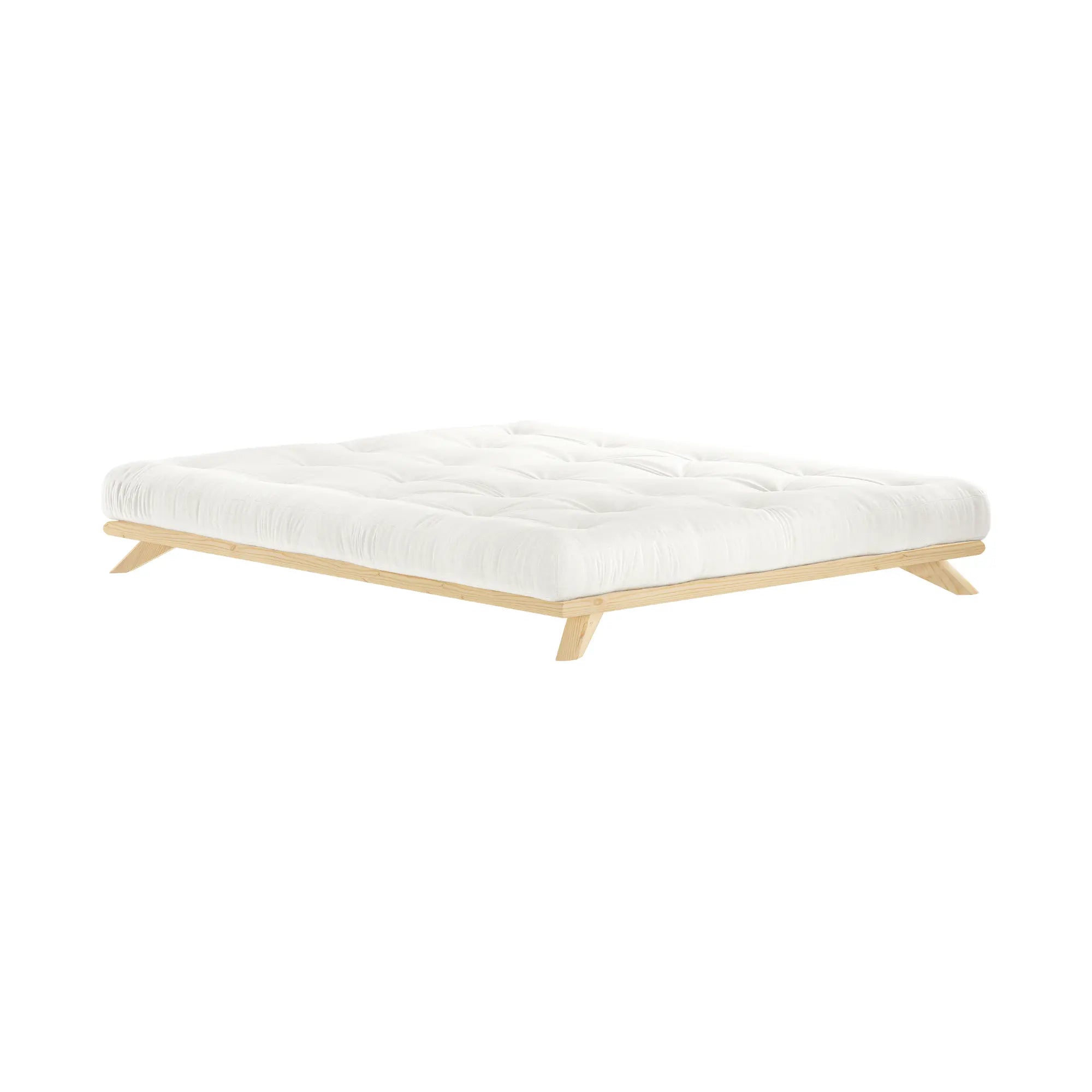 Senza Bed with sleek grey fabric upholstery and tufted headboard