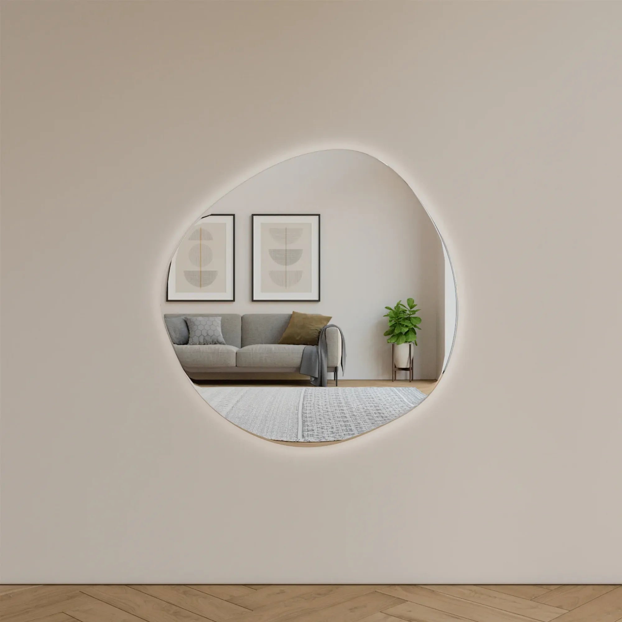 Round Pebble Mirror with Lights in contemporary bedroom decor