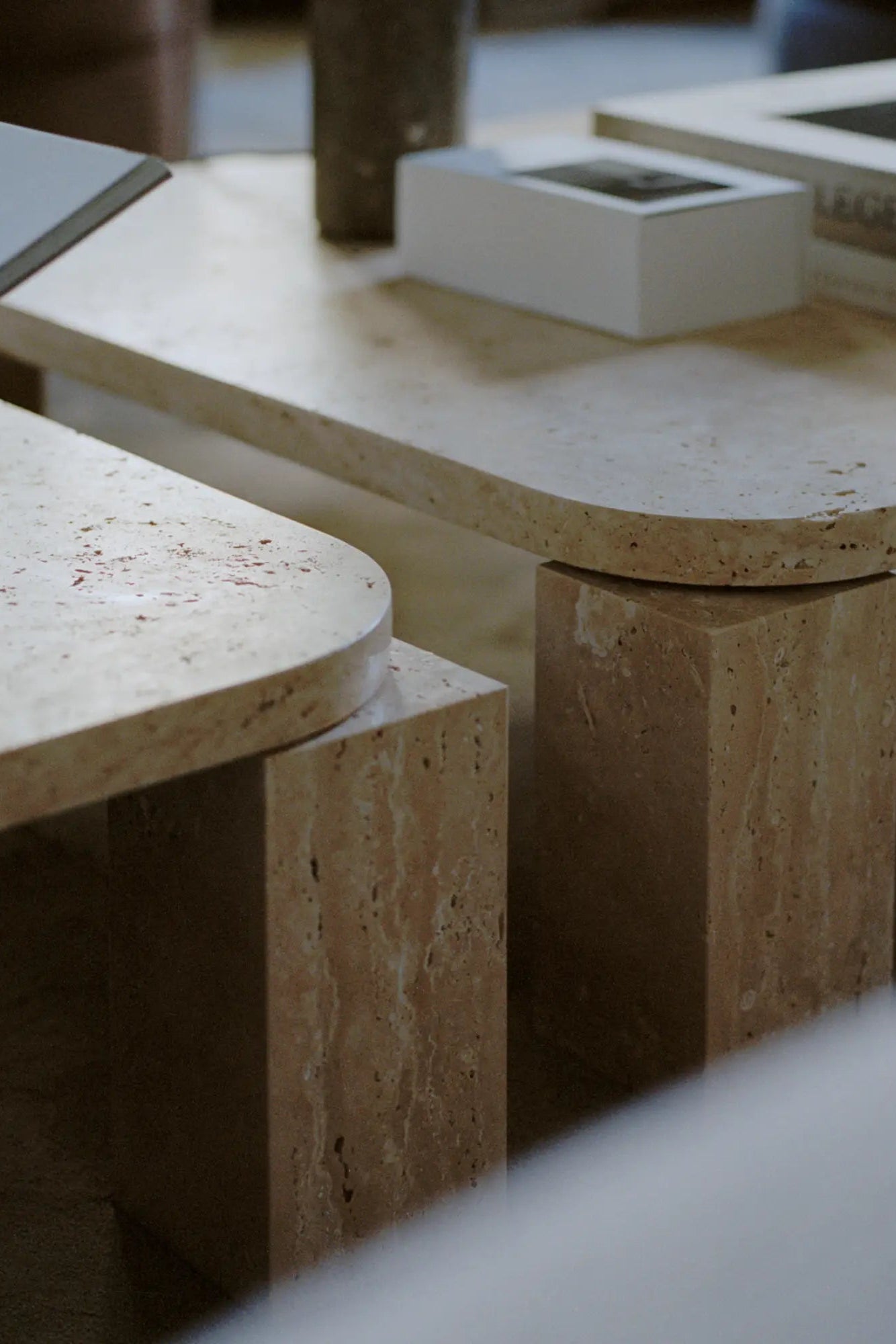 Large square coffee table made of luxurious travertine stone