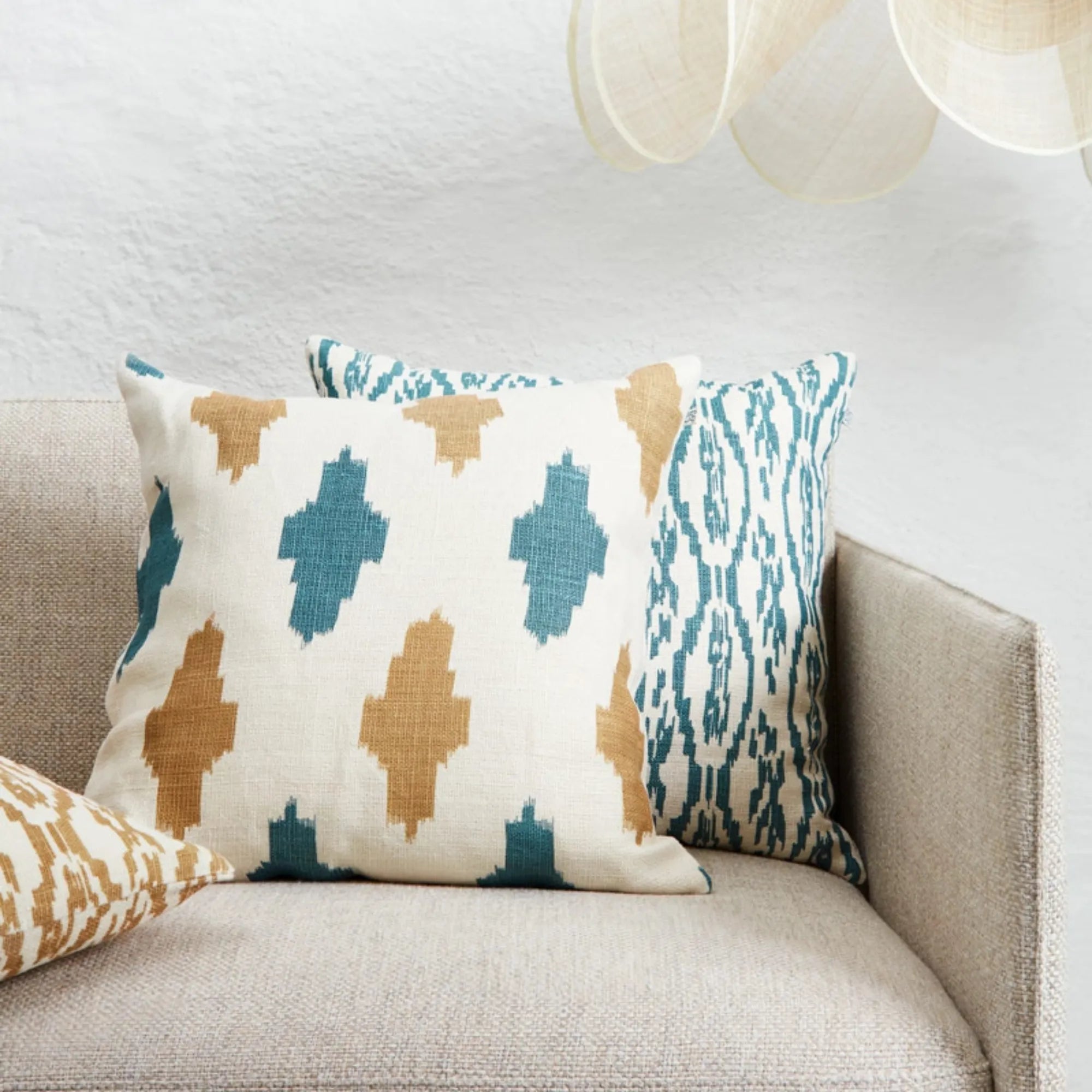 Ikat Agra Cushion Pillow - Off White/Heaven Blue/Khaki - THAT COOL LIVING