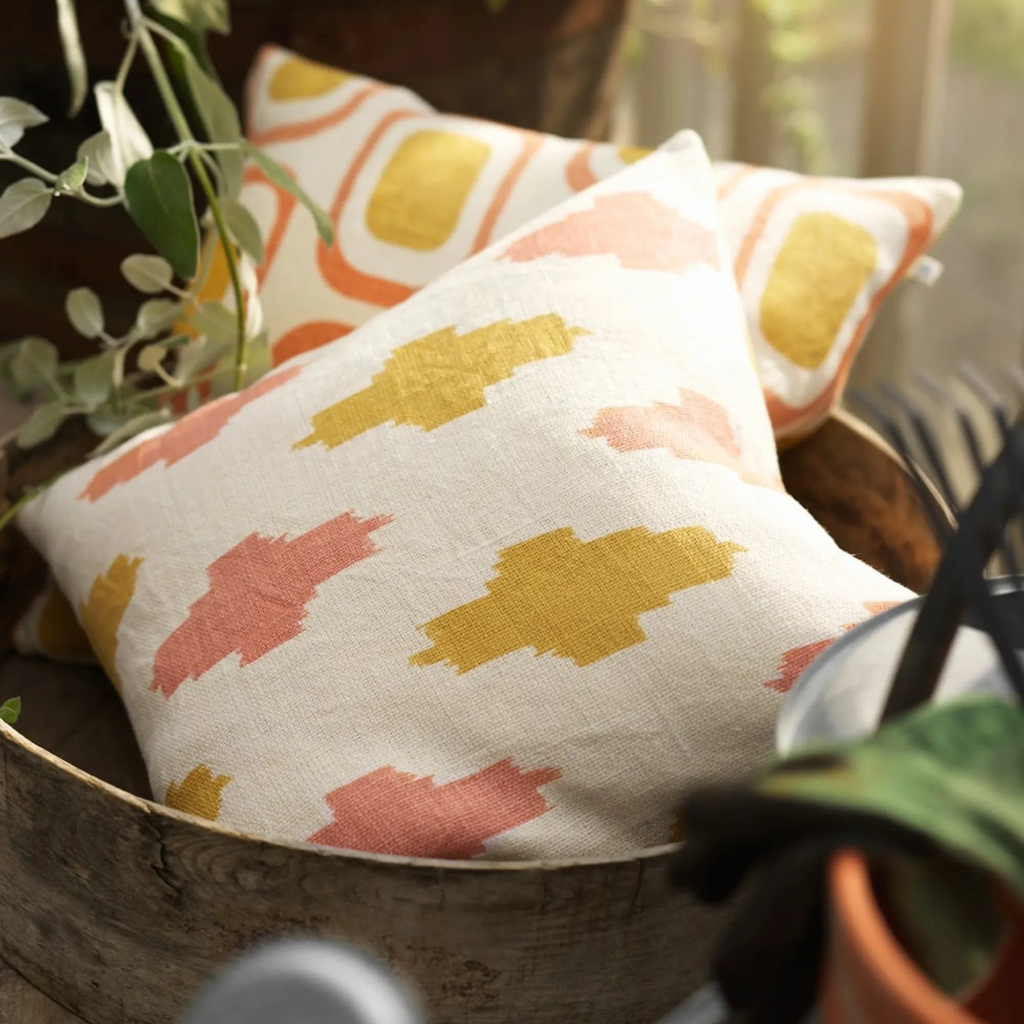 Ikat Agra Cushion Pillow - Off White/Rose/Spicy Yellow - THAT COOL LIVING
