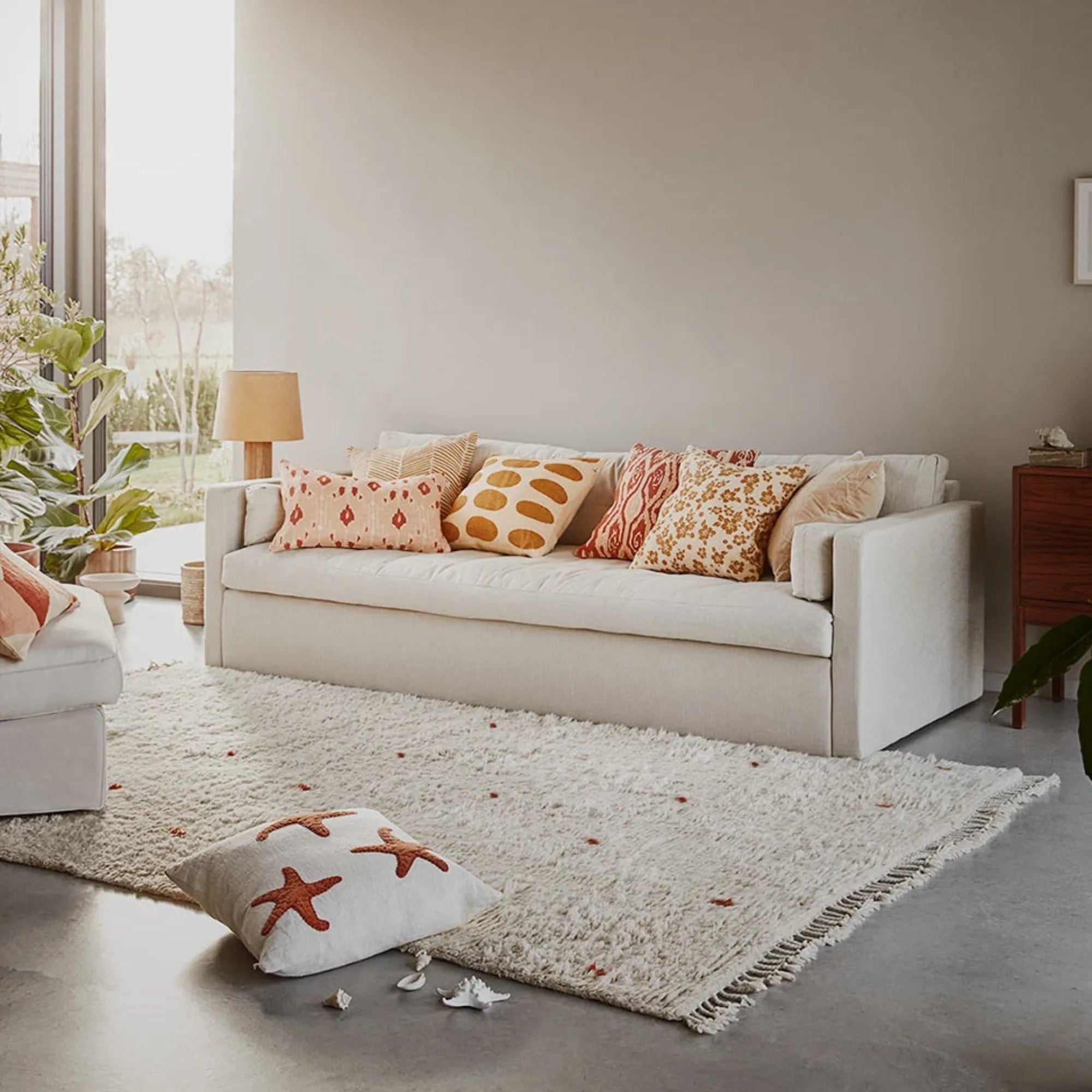 Handwoven Ravi Wool Rug in neutral tones, with intricate geometric patterns
