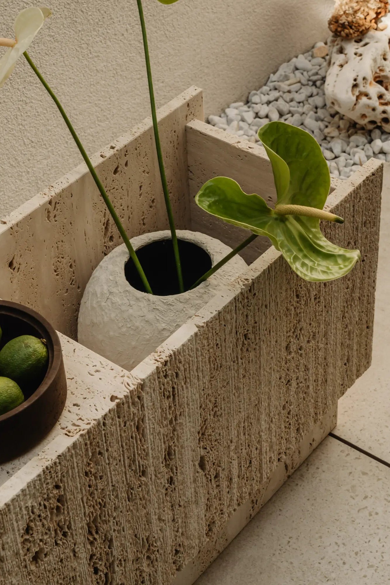 Lido Flower Stand in dark walnut color with scalloped edges and spacious display area